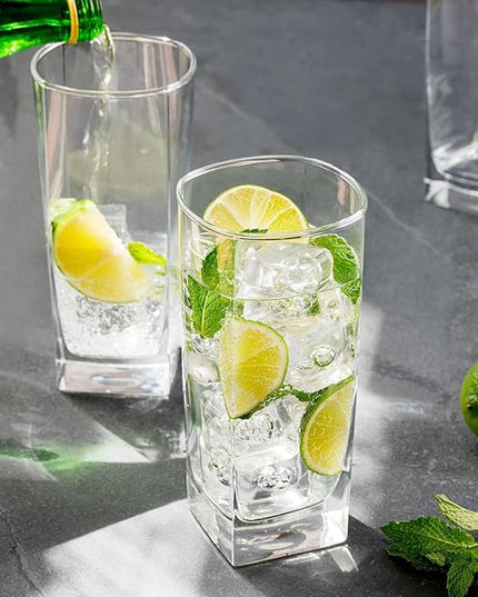 Le'raze Set of 4 Everyday Drinking Glasses - Square Tall Glass Cups Drinkware Kitchen Collins Glasses for Cocktail, Iced Coffee, Beer, Ice Tea, Wine, Whiskey, Water Glassware Sets