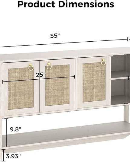 Rattan Entryway Cabinet with Storage,55“ Boho Credenza Storage Cabinet with 4 Doors and Adjustable Shelf, Wood Coffee Bar Console Cabinet Buffet Table for Kitchen, Dinning Room, Sideboard Buffet