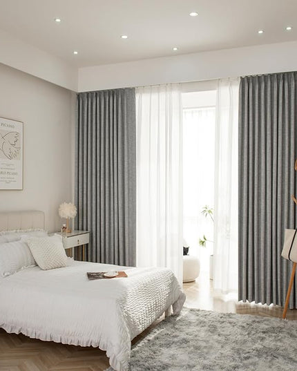 LETAU Pinch Pleats Grey Linen Texture Curtains 84 inches Long, 100% Blackout Privacy Window Curtains Panels Drapery, 100" W x 84" L, 2 Panels