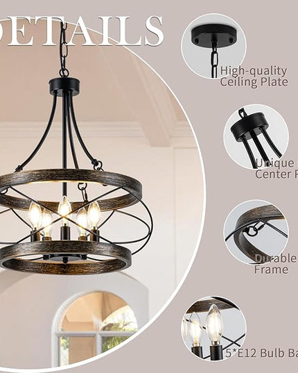 5-Light Farmhouse Chandelier, 17.72" Rustic Drum Dining Room Light Fixture, Bronze Chandeliers Hanging Pendant Lighting, Industrial Candle Chandeliers for Living Room Kitchen Entryway Bedroom
