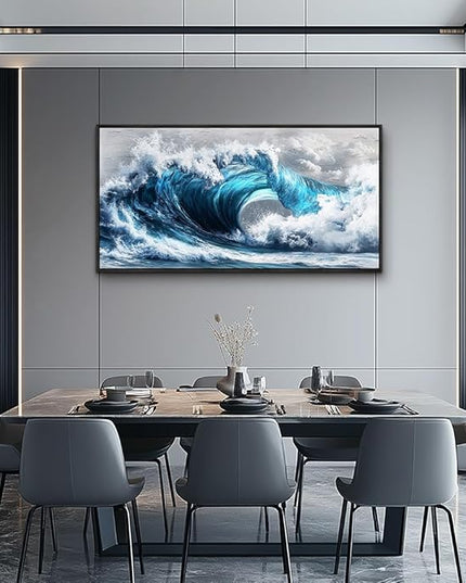 PHAOHUAXM Blue Wave lPaintings Wall Art For Living Room Wall Decor For Bedroom Ocean Inspiration Wall Pictures Office Decor Posters Modern Printing Canvas Artwork Home Decor Black Framed 20x40 In