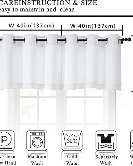 Simplebrand Pure White Kitchen Valances for Windows 18 Inches Long 2 pack, Light Filtering Window Valances for Living Room, Grommet Short Straight Drape Kitchen Curtains for Bedroom Kids Room, 40Wx18L