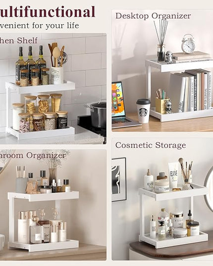 MARTY 2 Tier 15.75"x8.9" Large Countertop Shelf Organizer Spice Rack, Coffee Station Organizer for Mugs Cups, Wooden Shelf Desktop Storage Organizer for Kitchen Bathroom Home Office (White)