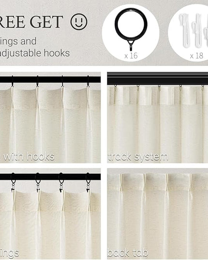 96 Inches Long Pinch Pleated Semi Sheer Curtains,Natural Linen Blended Light Filtering Window Curtains 96 Length for Living Room Bedroom Pinch Pleat Drapes with Hooks 1 Panels 60" Wx96 L