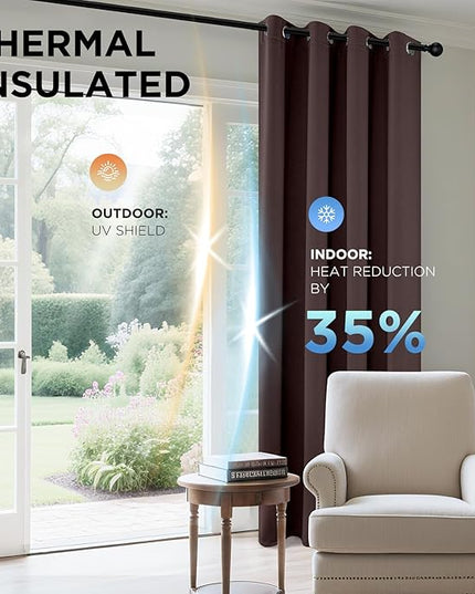 Joydeco Blackout Curtains 108 Inches Long 1 Panel, Thermal Insulated Long Curtains& Drapes 1 Piece, Room Darkening Grommet Drapes for Living Room Bedroom Window (W70 x L108 Inch, Chocolate)