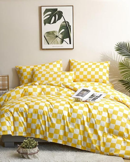 Houseri Plaid Comforter Set - Full Size Yellow Grid Bedding - Teen Girls Preppy Dorm Bedding