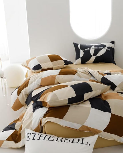 Hosueri White Beige Black Brown Cream King Plaid Comforter Set Men Women Warm Comfy Modern Multicolor Beige Orange Grid Bed Quilts Soft 3 Piece Distorted Checks Mosaic Dorm Bedding Sets King Blankets