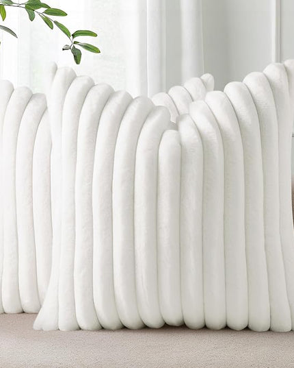 Pallene Faux Fur Plush Throw Pillow Covers 24x24 Set of 2, Luxury Soft Fluffy Striped Decorative Pillow Covers for Sofa, Couch, Living Room, White