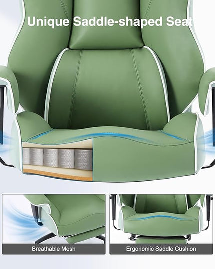 DJ·Wang Big and Tall Office Chair with Foot Rest, High Back Executive Office Chair PU Leather, Ergonomic Chairs with Lumbar Support, 135° Reclining Chairs with Thickened Spring Cushion Green