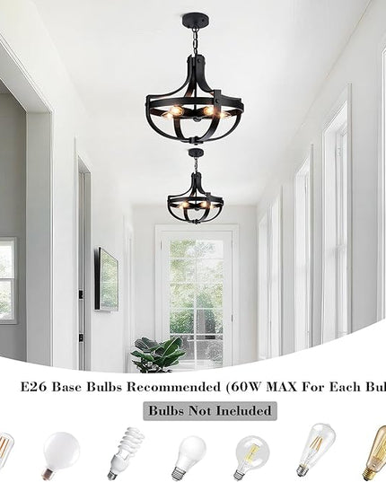 16.73" Black Farmhouse Light Fixtures, 5-Lights Vintage Cage Chandeliers Round Pendant Light for Dining Room Entryway Kitchen Island Living Room Hallway Foyer