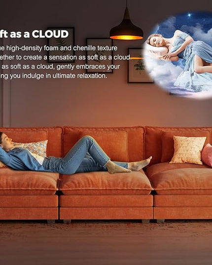 ELUCHANG 153" U Shaped Modular Sectional Cloud Couch with Pillow, Deep Seat Sofa Couches for Living Room, 6-Seat Modern Sofa with Movable Ottoman, Chenille Terracotta