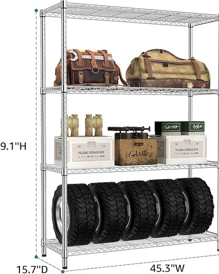 IZEUK 4-Tier Adjustable Heavy Duty Metal Wire Shelving Unit, Wide Storage Rack Organizer for Garage, Kitchen, Office, Dorm, Warehouse (Silver, 15.8" D x 45.8" W x 59.4" H, 1400 lbs Capacity)