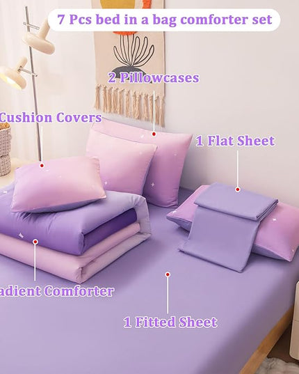 Rainbow Bedding Set Full Size – 7 Piece Reversible Girls Comforter with Deep-Pocket Sheet, Gradient Galaxy Design, Whole-Piece Filling, Machine Washable Bed-in-a-Bag for Kids Room Makeover & Gifts