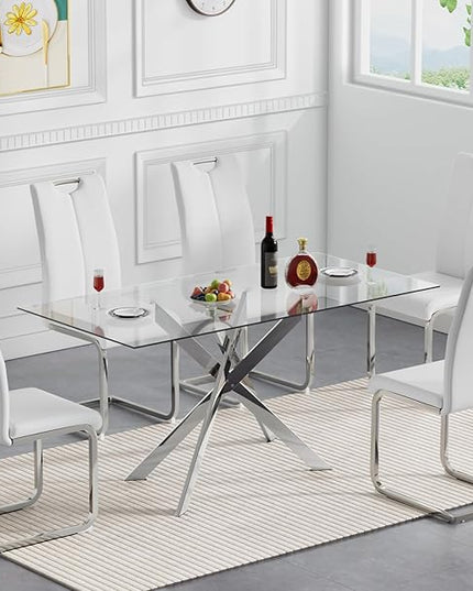 5 Piece Glass Dining Table Set, Glass Kitchen Dining Room Table Set for 4, 61" Modern Rectangular Silver Glass Metal Dining Table with 4 White PU Leather Dining Chairs for Kitchen Dining Room