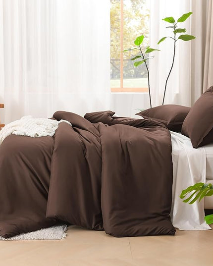 Litanika Comforters Brown Oversized Queen Size, 3 Pieces Lightweight Solid Bedding Set & Collections, All Season Fluffy Bed Set (98x98In Comforter & 2 Pillowcases)