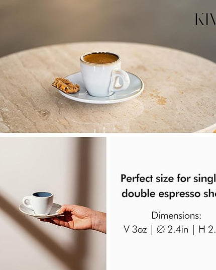 KIVY 3 oz Espresso cups set of 4 - Thick walled stoneware espresso cup set - Italian style espresso cups and saucers - Expresso shots cup - Small coffee mugs and saucers - Blue