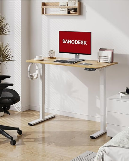SANODESK Electric Standing Desk 40x24 Inch Height Adjustable Stand Up Desk Home Office Computer Workstation Sit Stand Home Office Desk with Splice Board (White Frame + Maple Top)