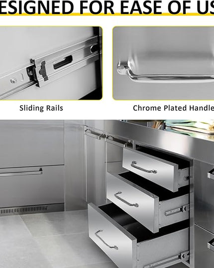 Outdoor Kitchen Drawers 18" W x 21" H x 23" D Flush Mount Triple BBQ Drawers with Chrome Handle Stainless Steel Drawer for Outdoor Kitchen Island, Patio Grill Station