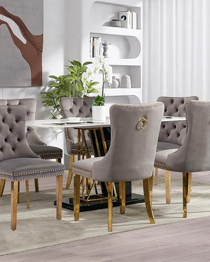 SoarFlash Velvet Dining Chair Set of 8, Upholstered Tufted Dining Room Chair with Nailhead Trim and Solid Gold Plated Leg for Kitchen(Grey)