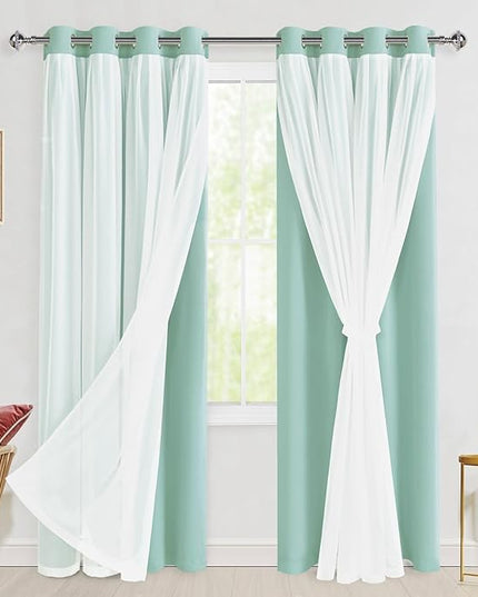 Hiasan Aqua Blackout Curtains with Sheer 84 Inches Long, Thermal Insulated Mix Match Double Layer Room Darkening Curtains for Bedroom, Living Room, 2 Window Drape Panels with Tiebacks, 52W X 84L