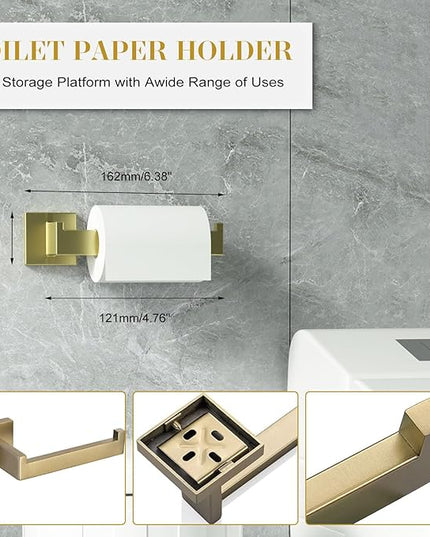 Bathroom Accessory Towel Bar Set: 5 Pieces Gold Bathroom Hardware Square SUS304 Stainless Steel - 24 Inch Wall Mounted Towel Rack&Toilet Paper Holder&Towel Ring and Towel Hook