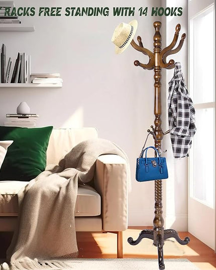 74" Wooden Coat Rack Stand,Coat Racks Freestanding With 14 Hooks And Solid Round Base Heavy Duty Adjustable Height Hall Tree Coat Rack for Entryway Hallway Foyer Office Bedroomf (Triangle Antique)