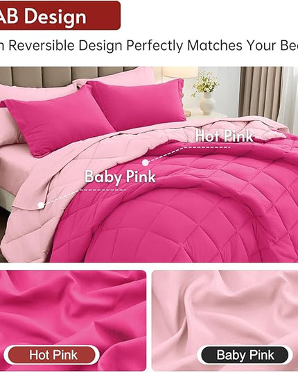 MUXHOMO 5 Pieces Twin XL Comforter Set, Reversible Bed in a Bag Twin XL Size, All Season Bedding Set with Comforter, Flat Sheet, Fitted Sheet, Pillowcases & Shams, Hot Pink & Baby Pink