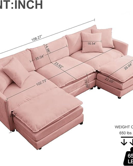 Modular Sectional Sofa, 108.27'' Modern Sleeper Couch with 3 Seat & 2 Ottoman & 3 Pillows Sofa Set, Comfy Cloud Couches with Movable Ottoman Deep Seat Sofa for Living Room,Chenille (Pink, U Shaped)