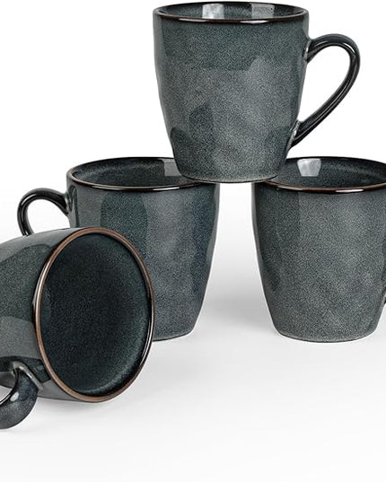 famiware Coffee Mugs Set of 4, Ocean Round 11.5oz Coffee Cup Set with Handle for Cocoa, Milk, Hot Chocolate, Tea or Water, Stoneware Cups for Kitchen, Microwave Dishwasher Safe, Deep Forest
