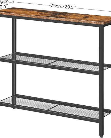 HOOBRO 29.5" Narrow Console Table, 3-Tier Entryway Table, Thin Sofa Table with Shelves, Side Table, Display Table, for Hallway, Entrance, Living Room, Bedroom, Rustic Brown and Black BF73XG01