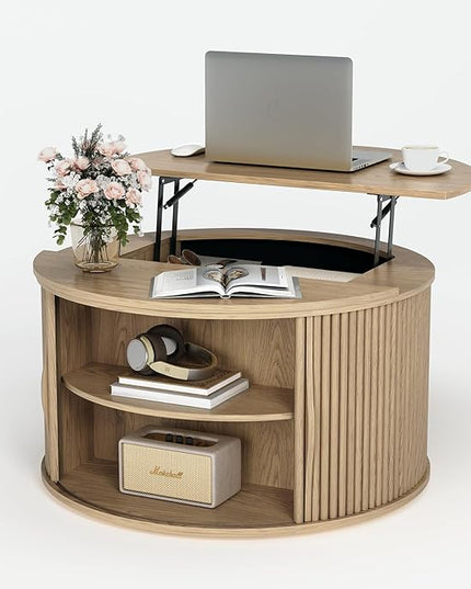 Round Coffee Table with Storage, 31.5" Drum Coffee Table with Lifting Top, Small Fluted Accent Center Table for Living Room, Oak