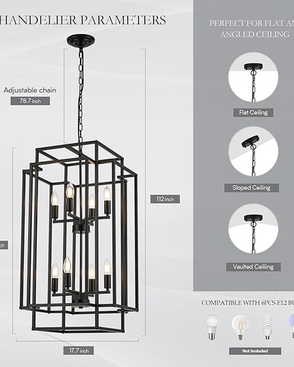 8-Light Lantern Tiered Pendant Light Fixtures, Black Metal Farmhouse Chandelier Hall Foyer Hanging Chandelier for Kitchen Island Dining Room Living Room Foyer Entryway, Black
