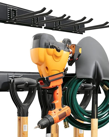 TIDYME Garage Tool Organizer Wall Mount - 32 inches - Sturdy Storage Rack with Adjustable Hooks, Anti-Rust - Easy Installation, 200lbs Capacity - Garden Tool Organizer (02 Racks & 04 Hooks)