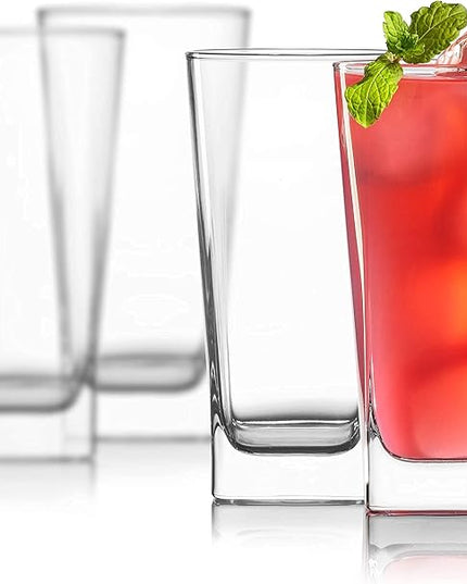 Highball Glasses [Set of 4] + 4 Stainless Steel Straws, 16 oz Lead-Free Crystal Clear Glass, Elegant Drinking Cups for Water, Wine, Beer, Cocktails and Mixed Drinks - Round Top, Square Bottom