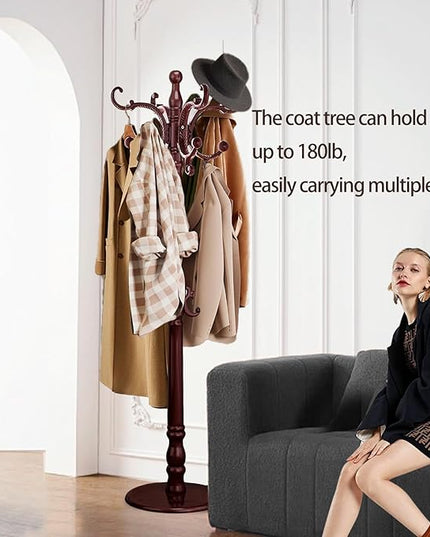 Coat Rack Freestanding, Wooden Coat Tree with Stable Round Base, Vintage Heavy Duty Coat Rack Stand with 14 Hooks, Coat Hanger Stand for Bedroom, Office, Entryway (Mahogany)