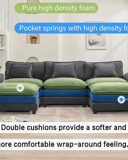 120" Modular Sectional Sofa, Comfy Cloud Couch Sectional Sofa with Ottoman, Chenille Sofa Sleeper Deep Seat Sofa with Throw Pillows for Living Room (Blue Gray, 120"- U Shape)