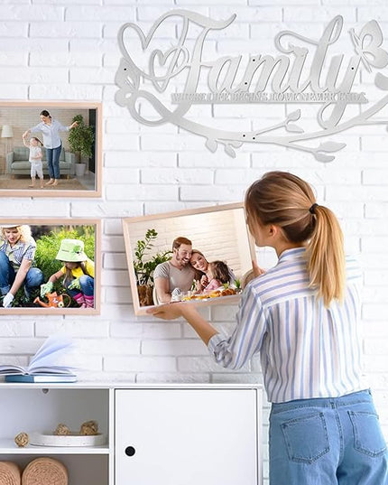 Family Where Life Begins Love Never Ends Word Sign Metal Wall Decor, Silver Home Decor Wall Art Decorations, Letters Quotes Sign for Living Room Bedroom Kitchen Indoor Outdoor Decor(28 x 13in)