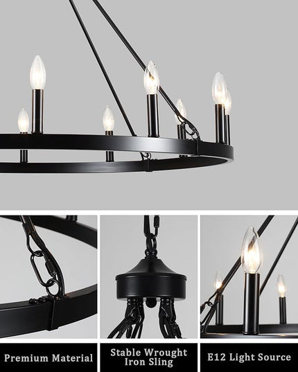 12-Light Black Wagon Wheel Chandelier for Dining Room Farmhouse Pendant Light Fixtures Outdoor for Rustic High Ceilings Round Chandeliers for Living Room Entryway Foyer Kitchen Island,38",E12