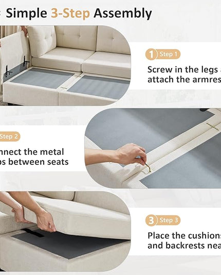 VANOMi 118" Modular Sectional Sofa with 2 Ottomans, 8 Seater Cloud Sectional Sofa Bed, Chenille Sofas & Couches for Living Room, Apartment, Office, White