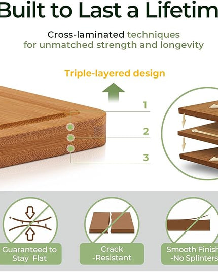 Butcher Block 2-Pcs Carbonized Bamboo Cutting Board Set With Juice Groove For Meal Prep & Cheese Serving - Ideal Kitchen Gift Set of 2 (M+L)