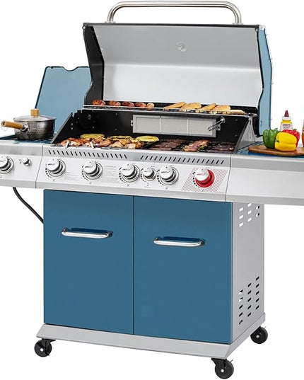 Royal Gourmet GA5403B 5 Burner Propane Gas Grill with Side Burner & Rear Burner, Cabinet Style Design BBQ Grill with 74,000 BTUs Output for Barbecue Grilling & Backyard Cooking, Blue
