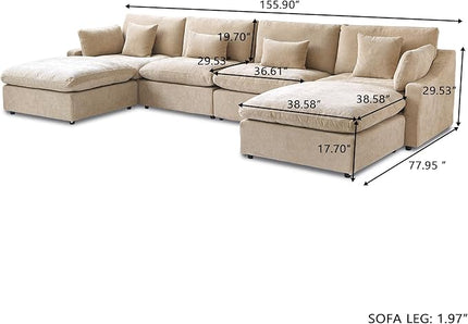 Cloud Couch Modular Sectional Sofa, 156" U Shaped Couch, Oversized Down Filled Convertible Wide Seater with 2 Ottomans for Living Room Set, Covers Washable&Replaceable,Khaki