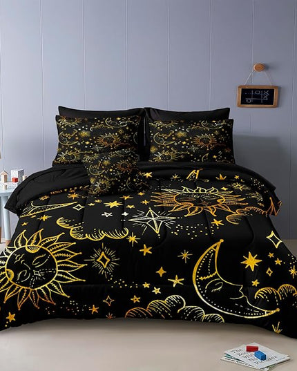 Merryword 6 Pcs Universe Bed in a Bag Sun and Moon Comforter Set Twin Size Galaxy Bedding Black Gold Moon Star Pattern Bohemian Gothic Comforter Set