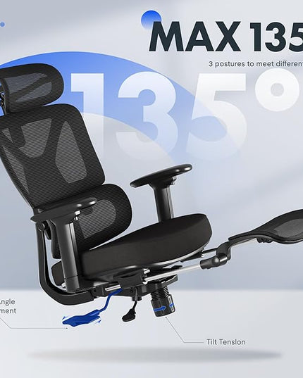 FLEXISPOT ErgoX Premium Ergonomic Office Chair with Footrest- Adjustable 3D Armrests, Dynamic Lumbar Support, Recline & Tilt Function, Mesh Seat, for Home & Office Use,Foam Black