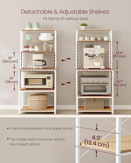 VASAGLE Coffee Bar, 23.6 Inches Baker's Rack for Kitchen with Storage, 6-Tier Kitchen Shelves with 6 Hooks, Microwave Stand, Modern, Golden Oak and Cloud White UKKS024W09