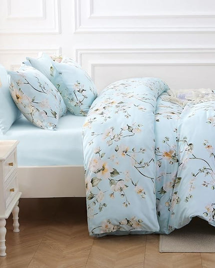 MUXHOMO Ceiba Blue Bed in a Bag Queen 7 Pieces, Queen Comforter Set Reversible Botanical Flowers Design, Ultra Soft & Breathable Bedding Sets with Comforter, Sheets, Pillowcases & Shams