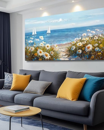 PHAOHUAXM Large Blue Ocean Landscape Canvas Printing Picture Wall Art For Living Room Farmhouse Dinin Mural White Flowers Bedroom Office Wall Decor Home Decor Painting Easy To Hang 30x60 Inches