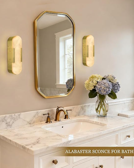 Alabaster Wall Sconce 13.8in Natural Spanish Marble Wall Sconces, Dimmble Gold Modern Bathroom Sconces Vanity Lighting, Antique Brass Sconce Wall Lighting for Living Room, Bedroom, Hallway, Stairs