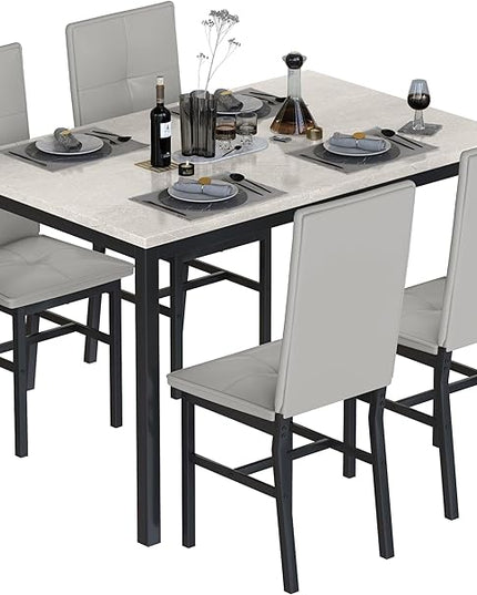 Hooseng Dining Table Set for 4, Modern Faux Marble Kitchen Table with 4 PU Leather Chairs, 5-Piece Small Dining Room Table Set for Dinette, Breakfast Nook, Grey
