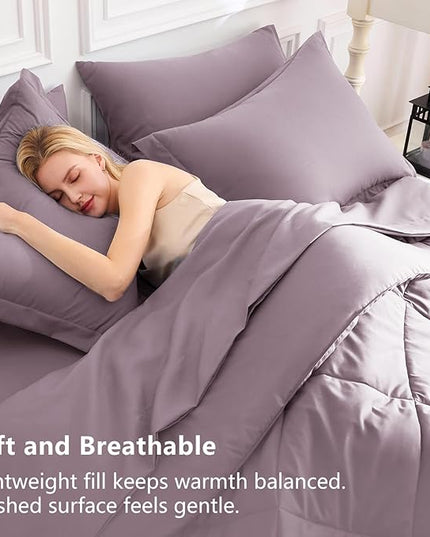 CozyLux King Size Comforter Set Dusty Purple - 7 Pieces Bed in a Bag King, Soft Bed Set for All Seasons, Bedding Set with Down Alternative Comforter, Sheets, Pillowcases & Shams, Grayish Purple